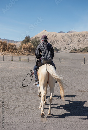 Woman tourist riding a white horse on desert with volcano © Mumemories