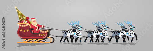 Santa in sleigh with robot reindeers artificial intelligence merry christmas happy new year greeting card winter holidays concept horizontal flat