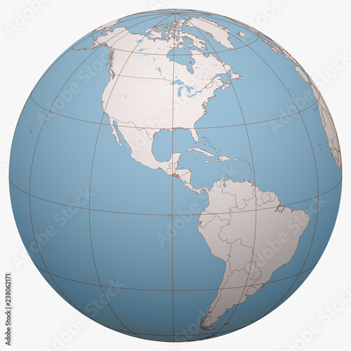 El Salvador on the globe. Earth hemisphere centered at the location of the Republic of El Salvador. El Salvador map.