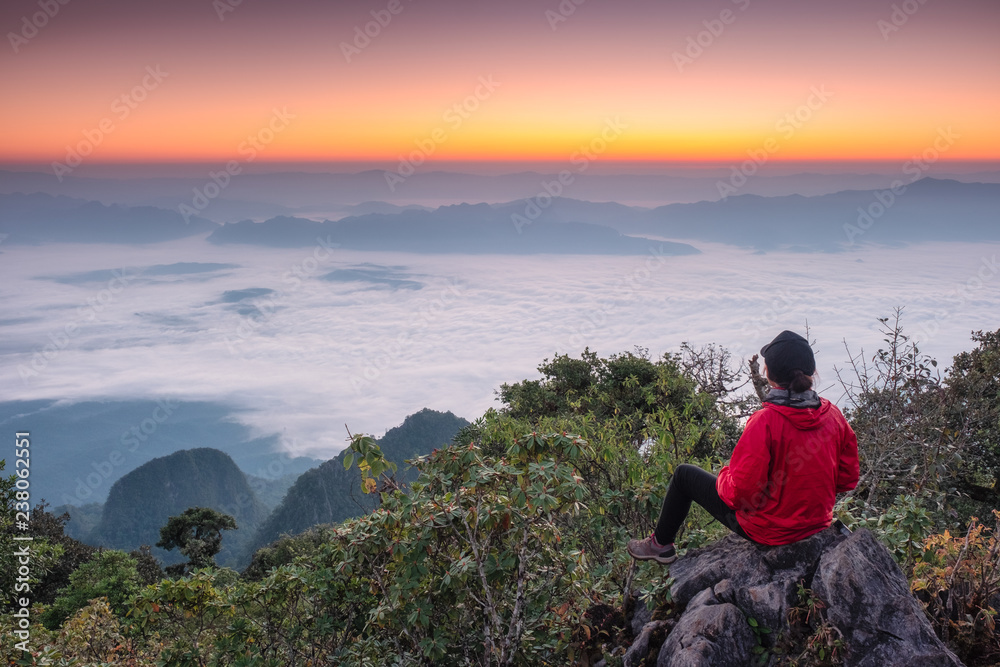 Woman sitting sightseeing on hill with fog in sunrise at wildlife sanctuary