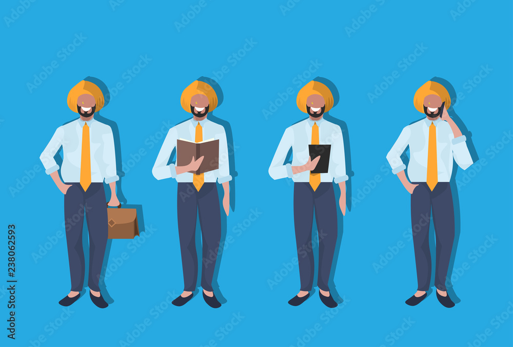 indian businessmen phone calling reading book tablet phone calling national traditional clothes male collection horizontal cartoon character full length flat
