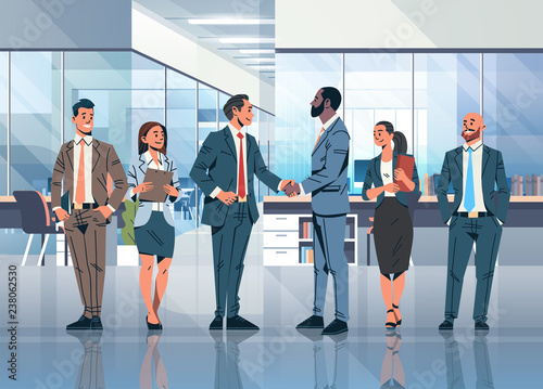 businessmen handshake agreement concept mix race business men teal leader cooperation partnership communication modern office interior cartoon character flat full length horizontal
