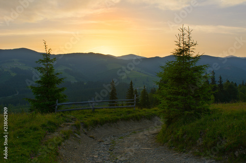 Sunrise in the mountains in the summer.