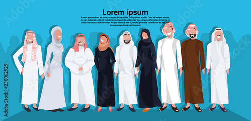 Arabic business people group standing together woman man wearing traditional clothes arab male female coworkers blue background horizontal copy space full length flat