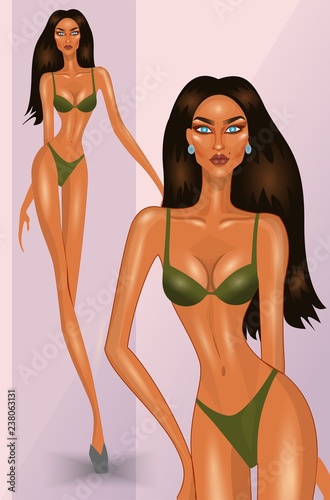 model in a green swimsuit