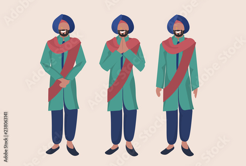 indian men standing different poses national traditional clothes male cartoon character collection full length horizontal flat
