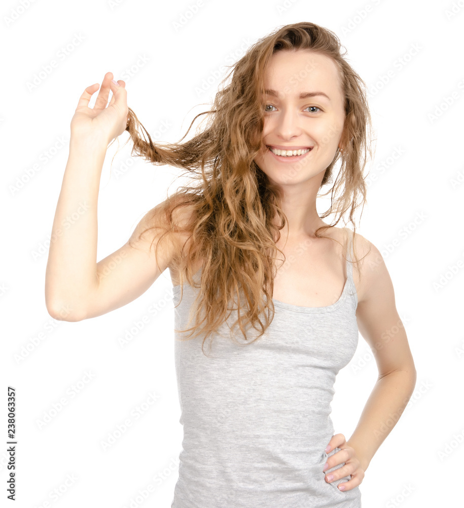 Beautiful woman beauty fashion curly wet hair naturalness on white background isolation Beautiful woman beauty fashion curly wet hair naturalness on white background isolation