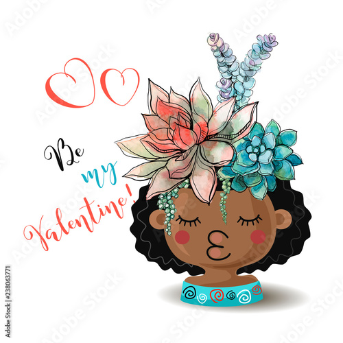 Happy Valentine's day. Girl with flowers succulents. Watercolor. Vector.