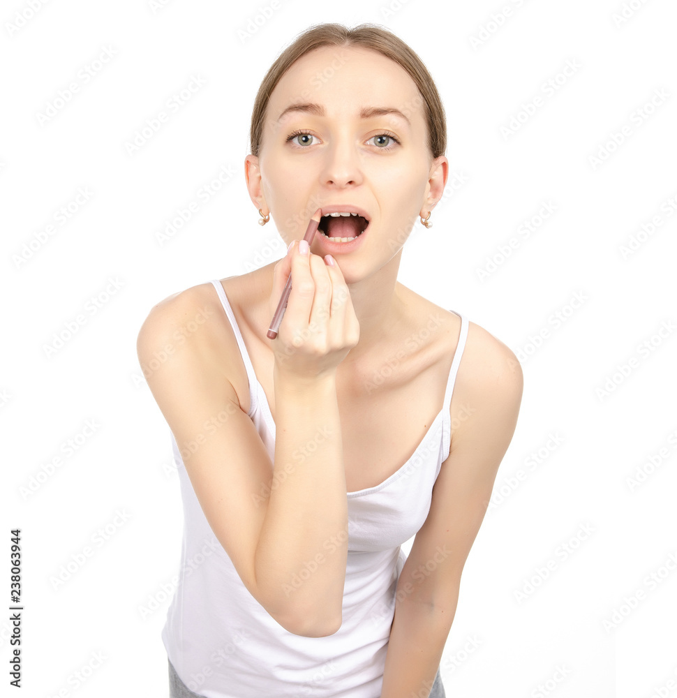 Beautiful woman beauty fashion lip liner in hand on white background isolation Beautiful woman beauty fashion lip liner in hand on white background isolation