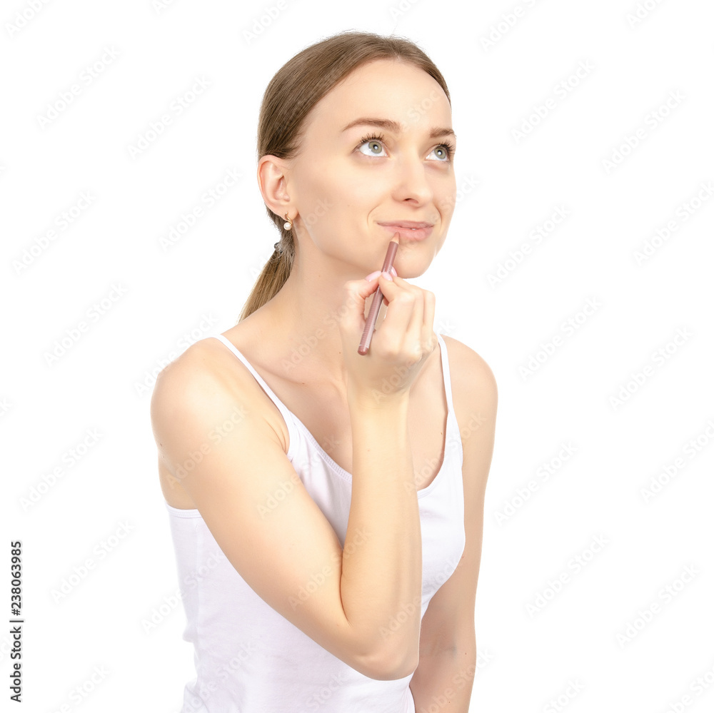 Beautiful woman beauty fashion lip liner in hand on white background isolation Beautiful woman beauty fashion lip liner in hand on white background isolation