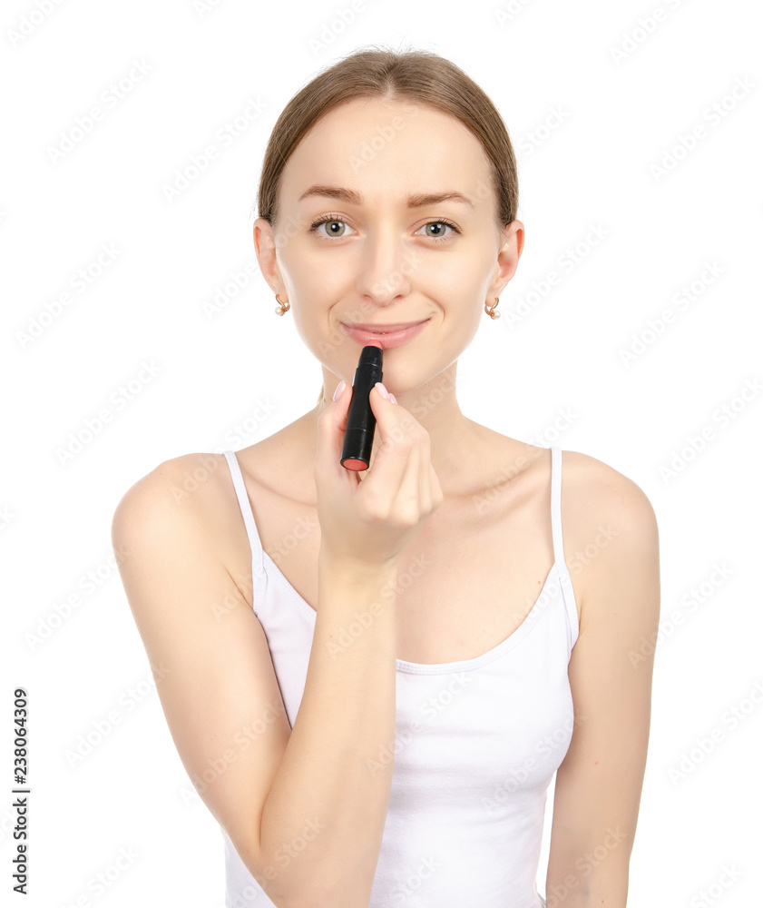 Beautiful woman beauty fashion lipstick in hand on white background isolation. Beautiful woman beauty fashion lipstick in hand on white background isolation.