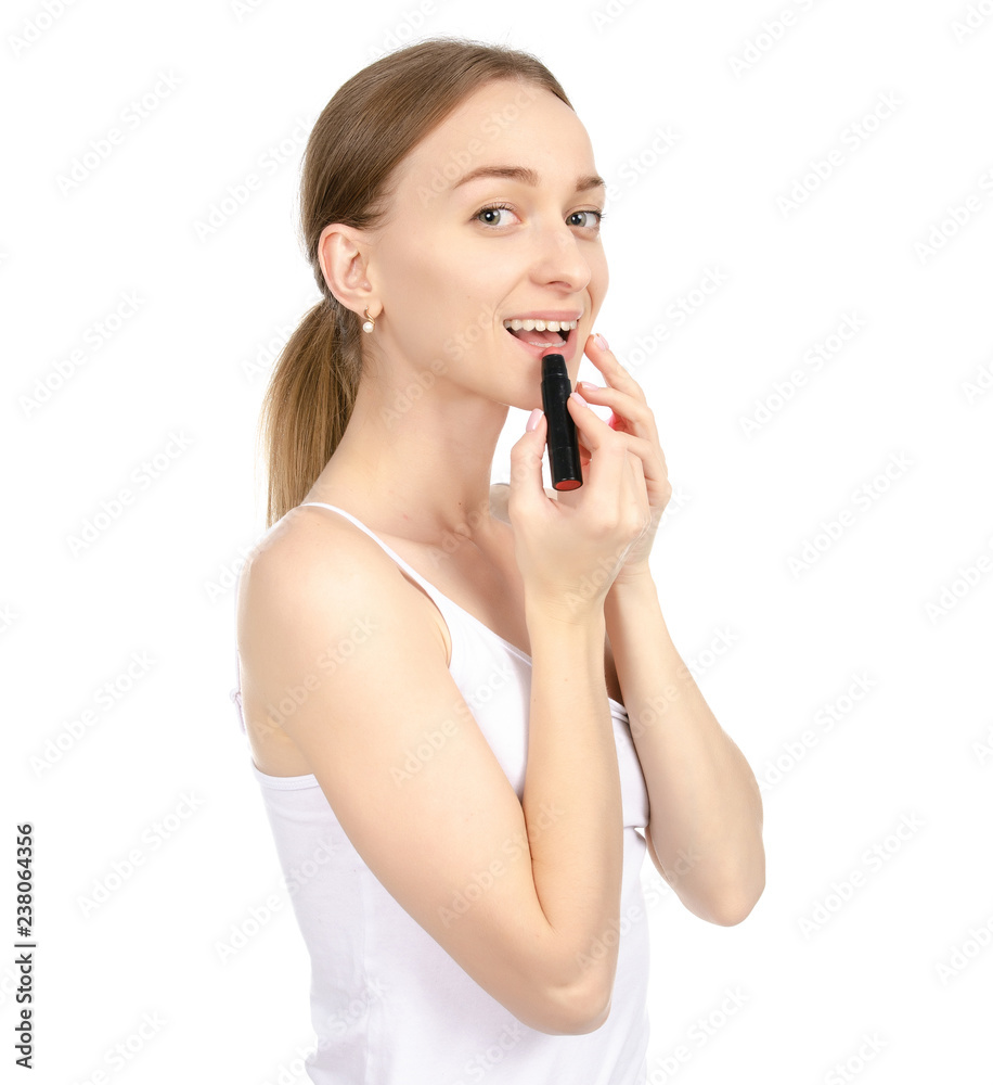 Beautiful woman beauty fashion lipstick in hand on white background isolation. Beautiful woman beauty fashion lipstick in hand on white background isolation.