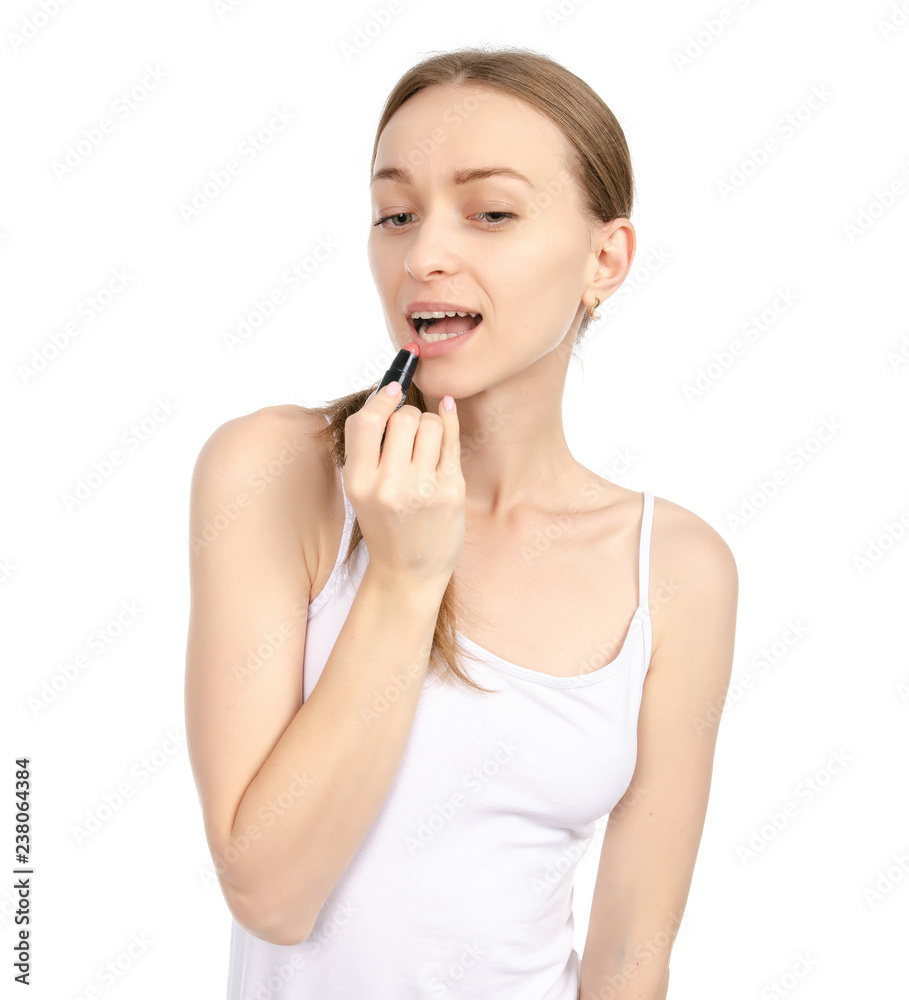 Beautiful woman beauty fashion lipstick in hand on white background isolation. Beautiful woman beauty fashion lipstick in hand on white background isolation.