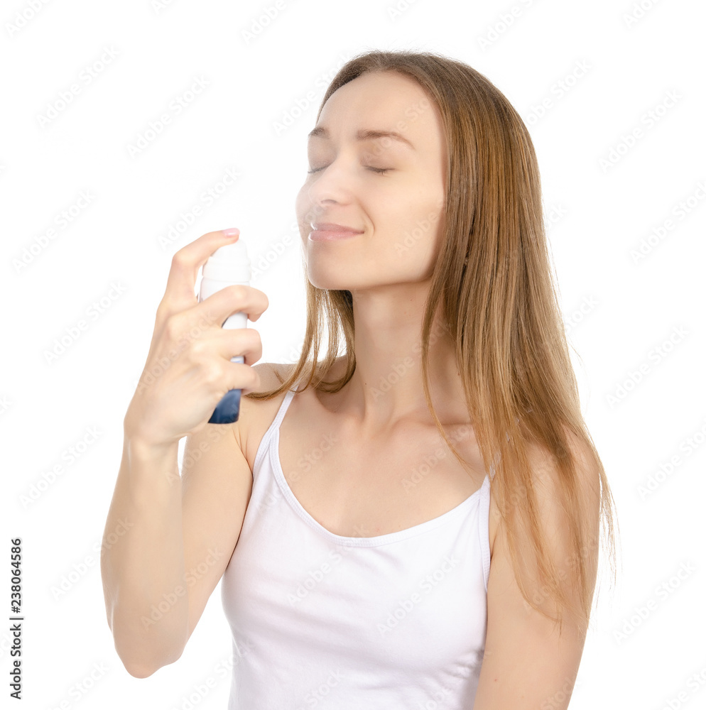 Beautiful woman beauty fashion thermal water spray for face in hand on white background isolation Beautiful woman beauty fashion thermal water spray for face in hand on white background isolation