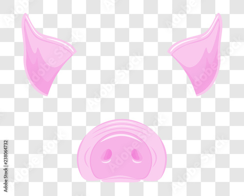 Pig face video chat, pig face selfie. Pig mask flat temlate, nose and ears. Carnival masked costume isolated vector.