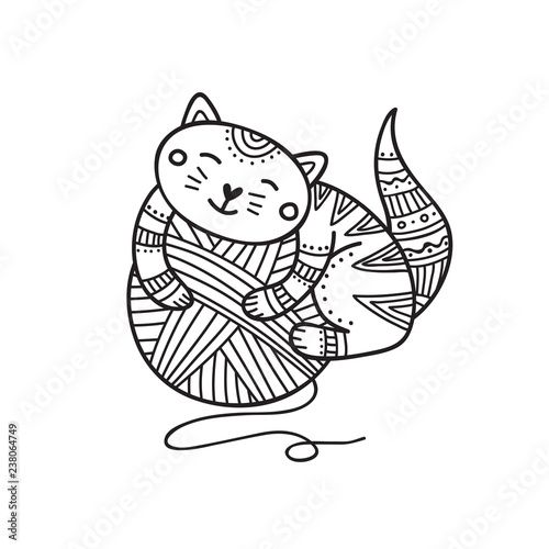 Vector illustration of cute cat laying on yarn ball coloring