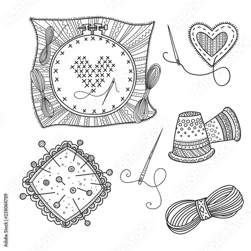 Embroidery vector set with tools and thread in boho style.