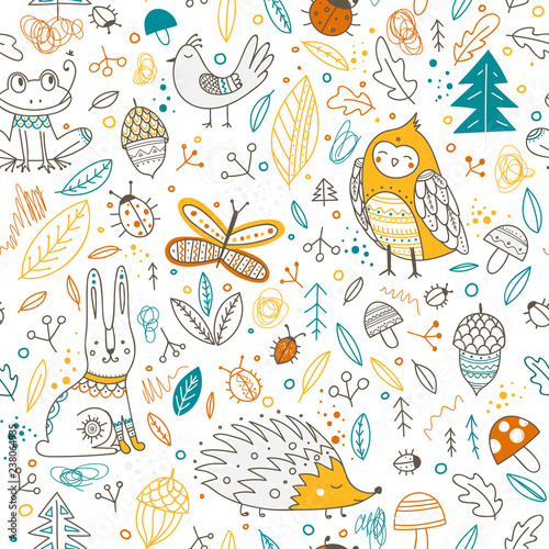 Cute forest animals and elements vector seamless pattern.
