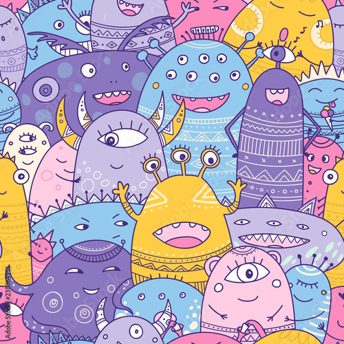 cute monsters crowd seamless pattern in boho style.