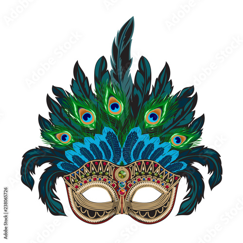 Vector blue ornate Venetian carnival mask with colorful feathers