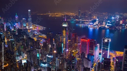 night illumination famous harbor cityscape aerial timelapse panorama 4k hong kong
