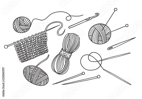 Vector set of knitting tools and yarn