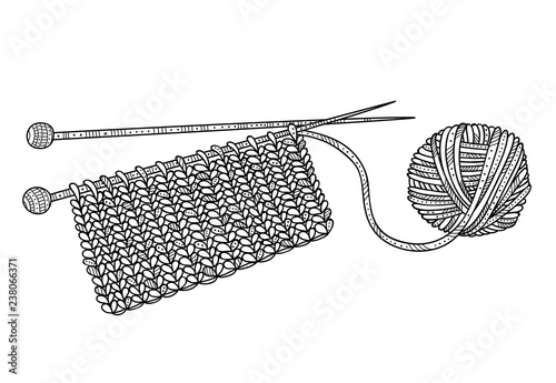 Vector illustration of knitting and yarn ball with needles