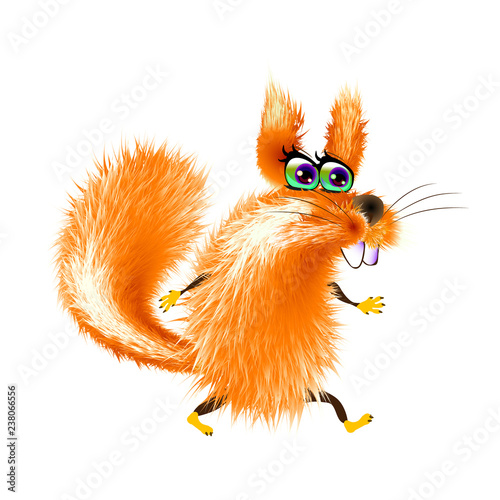 Fluffy cartoon squirrel on light background. Orange cute, isolated. Vector illustration
