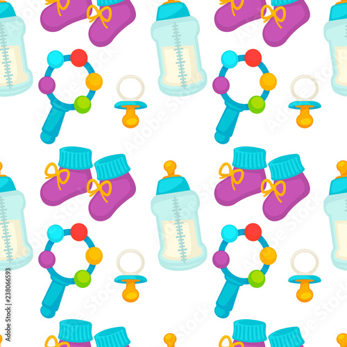 Baby newborn kid and pram perambulator seamless pattern vector.
