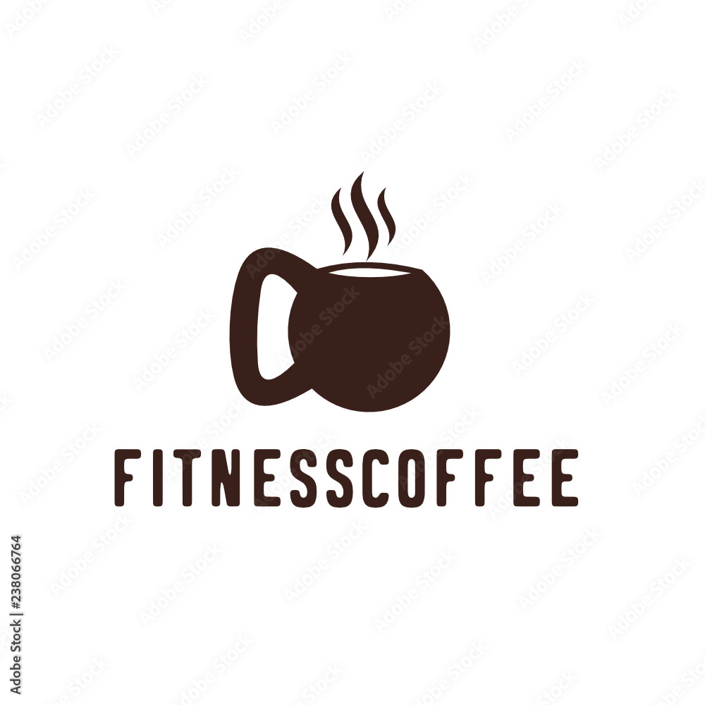 coffee fitness gym concept. Vector logo, label, icon or emblem with coffee  cup and barbell shape. workout and bodybuilding. Stock Vector