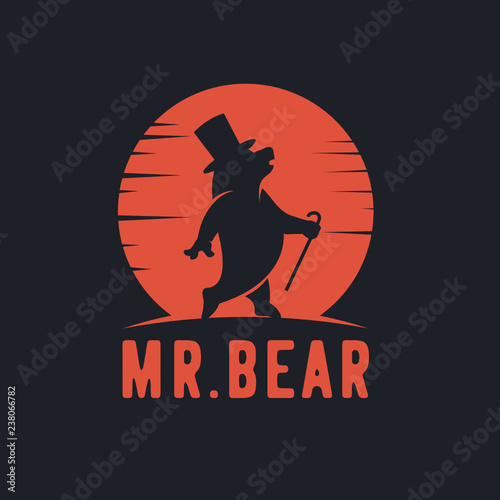 Silhouette, walk Bear, side view, walking, designed using grunge brush on sunset or sunrise black background, symbol, logo design inspiration