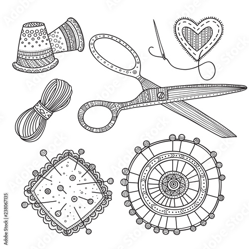 Vector illustration of needlework, sewing  tools.