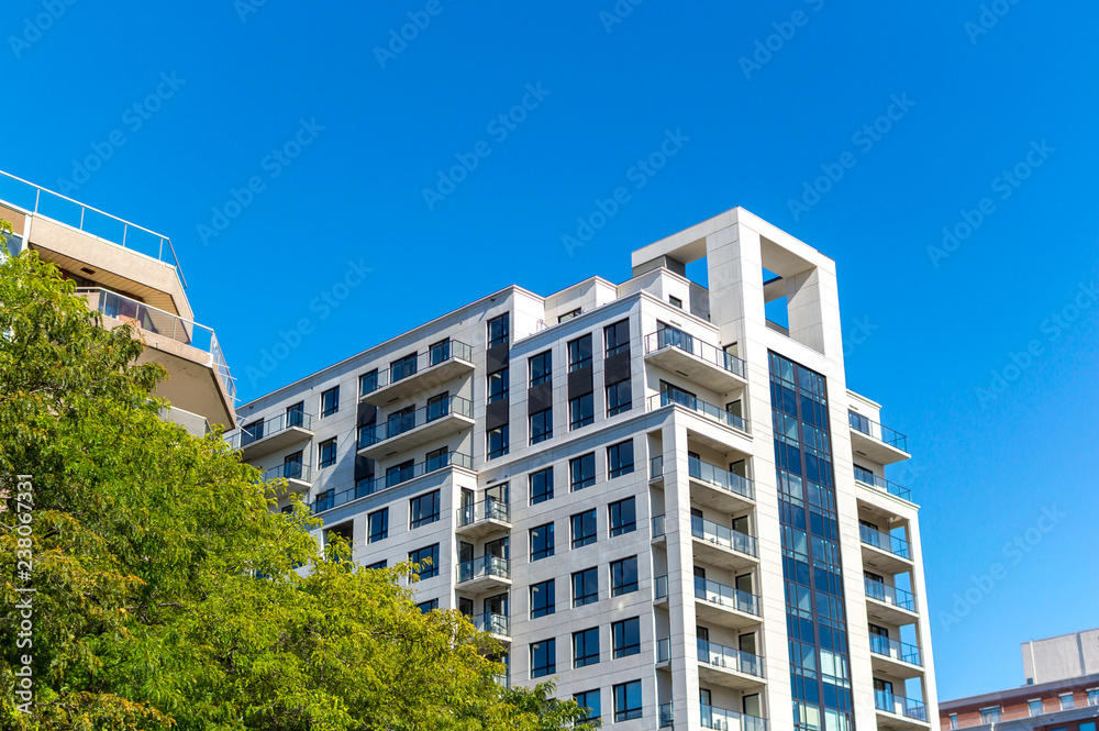 Modern condo buildings with huge windows in Montreal, Canada. 