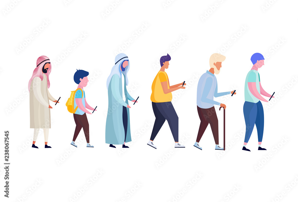 mix race multi generation man profile isolated using smartphone male diversity cartoon character full length flat