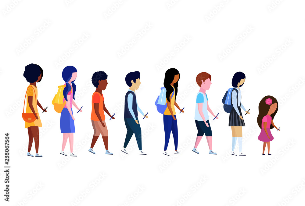 mix race student group different ages profile isolated using smartphone female male cartoon character full length flat