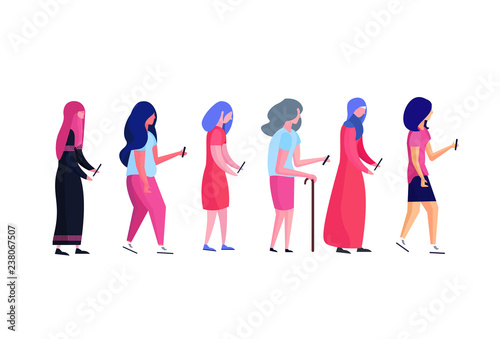 mix race multi generation woman profile isolated using smartphone female diversity cartoon character full length flat