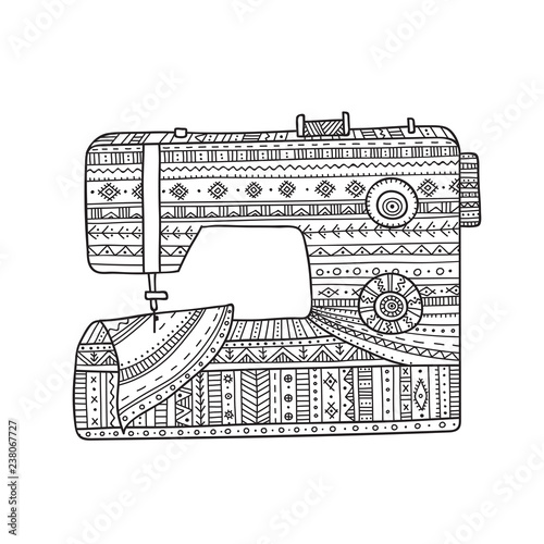 Vector illustration of sewing machine in boho style with ornament.