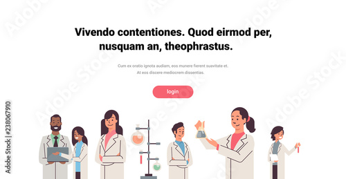 group scientists working laboratory doing research test tube dropper isolated mix race team study chemicals experiments modern lab flat copy space portrait banner
