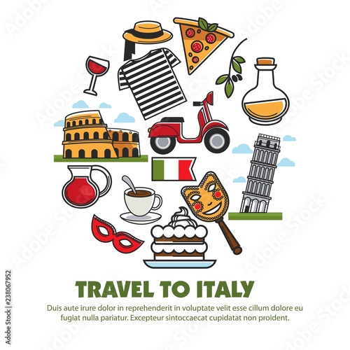 Italy sightseeing landmarks and famous travel attractions poster.