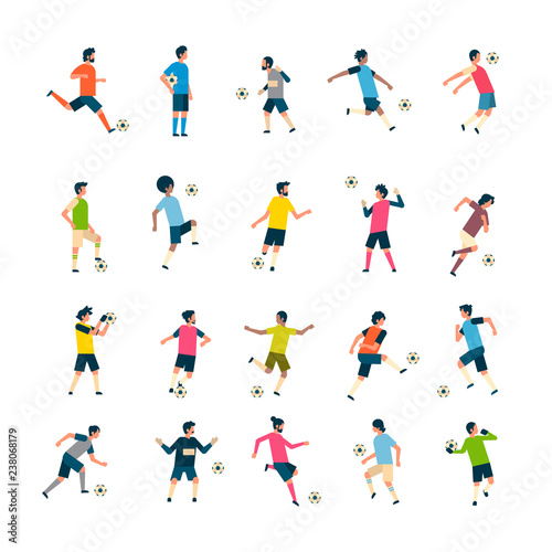 set football players kick ball diversity poses isolated sport championship flat full length character