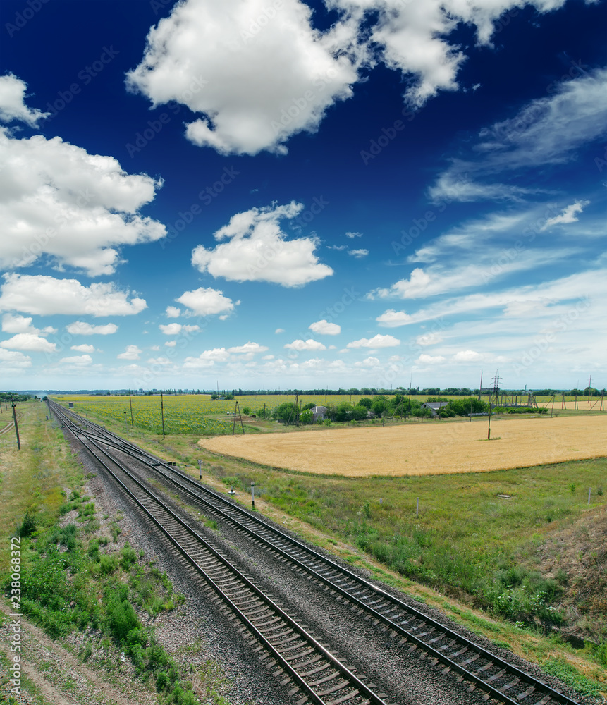 railroad to horizon in blue sky with clouds