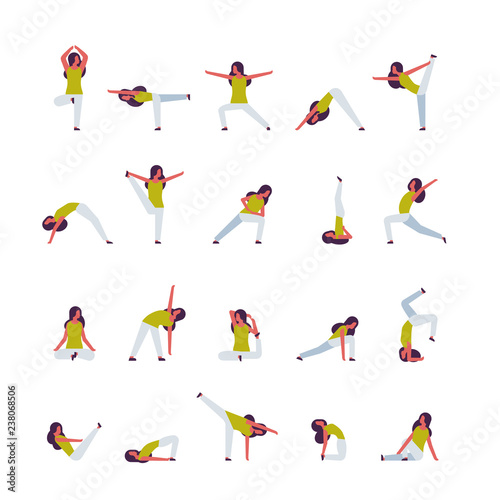 set woman doing yoga exercises female cartoon character fitness activities isolated diversity poses healthy lifestyle concept full length flat