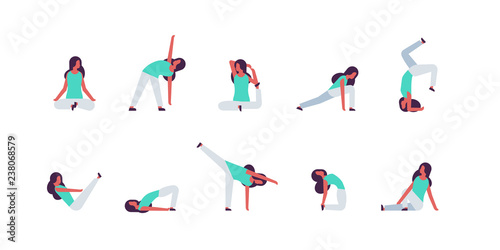 set woman doing yoga exercises female cartoon character fitness activities isolated diversity poses healthy lifestyle concept full length flat horizontal
