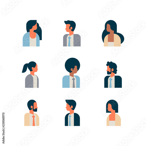 set woman man character portrait profile male female white background avatar mix race cartoon flat