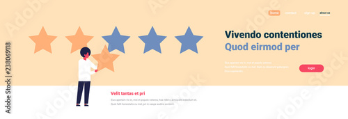three star rating man giving feedback concept african american character flat banner copy space