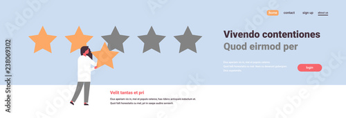 three star rating woman giving feedback concept african american character flat banner copy space