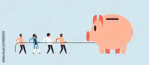 people team pulling rope piggy bank money growth concept cartoon character man woman teamwork banner flat