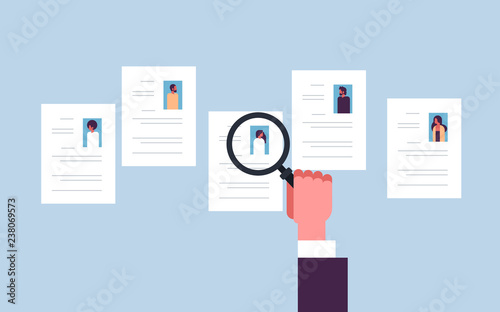 hand hold magnifying zoom cv resume choosing people candidate for vacancy job position recruitment concept flat banner