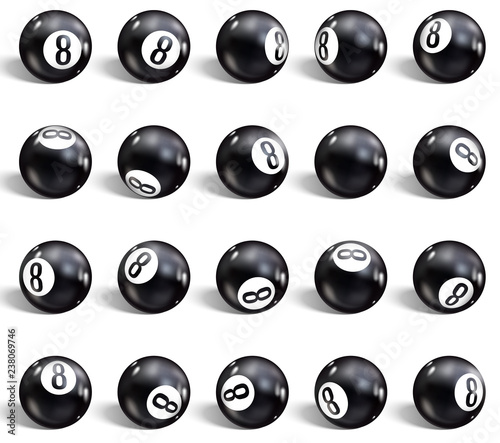 Eight Ball. Set of realistic 8 ball. Isolated on a white background. Vector illustration billiards.