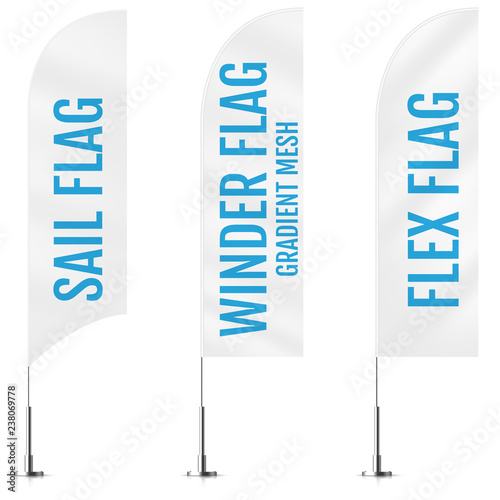 White textile sail, winder and flex banner flags. Banner flag mockups set. Set of vector advertising mockups.